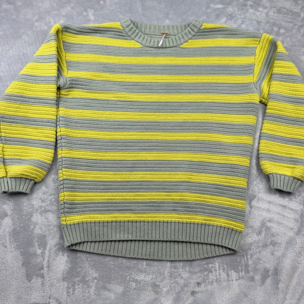 Free People Striped Knit‎ Sweater Pullover Casual Comfy Gray Yellow Oversized XS